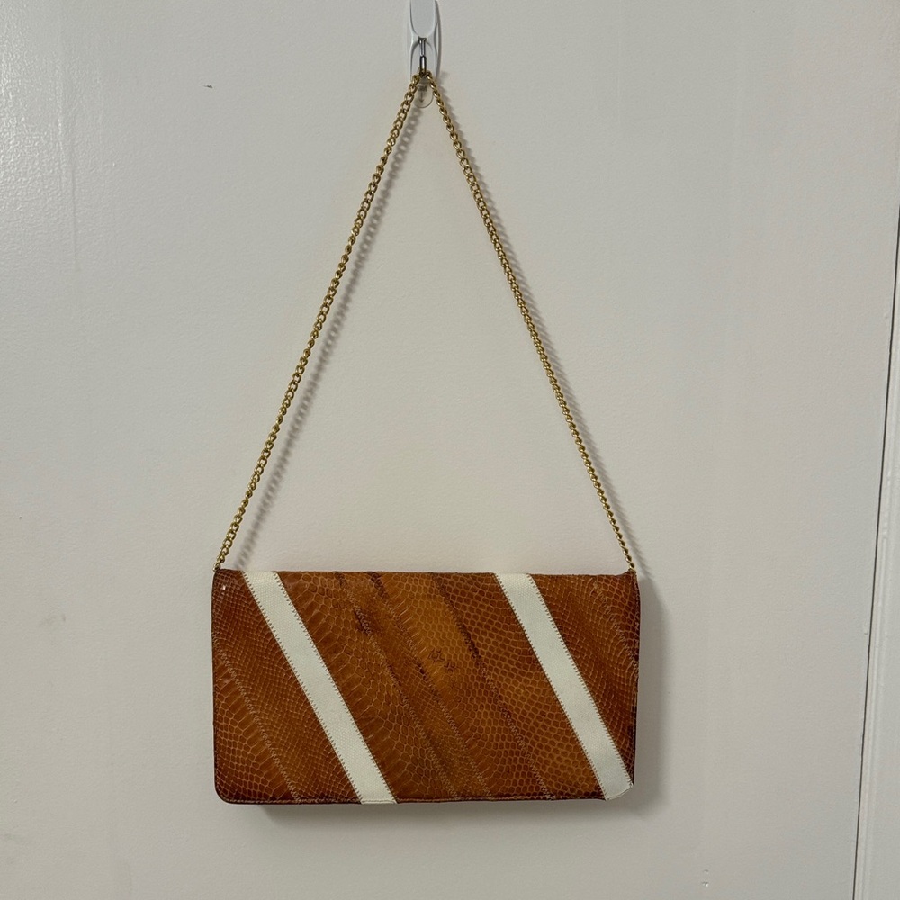 Brown and White Chain Strap Clutch